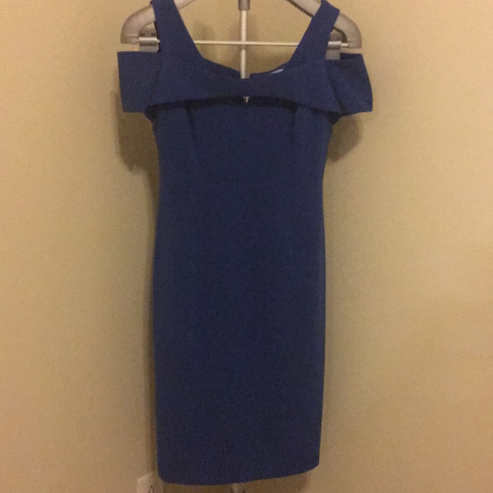 Blue strap off shoulder cocktail dress